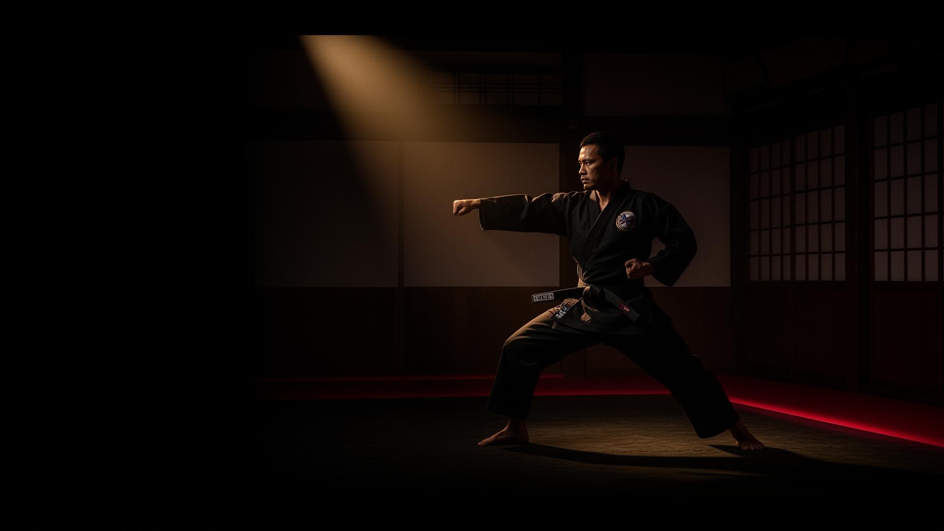 Karate practitioner training in a dark dojo